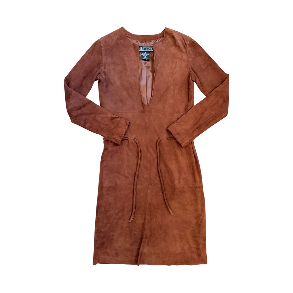 Guillaume Genuine Leather Suede V-Neck Dress Cognac Brown Size M